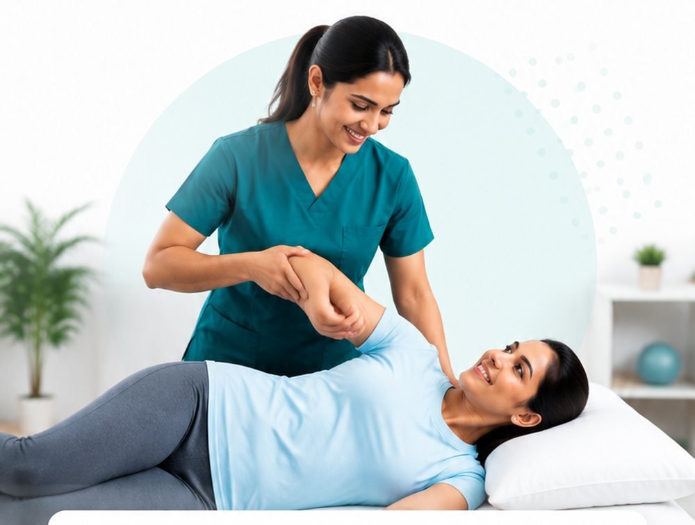 A physiotherapist performing a guided arm mobilisation for a patient lying on a treatment table at home.