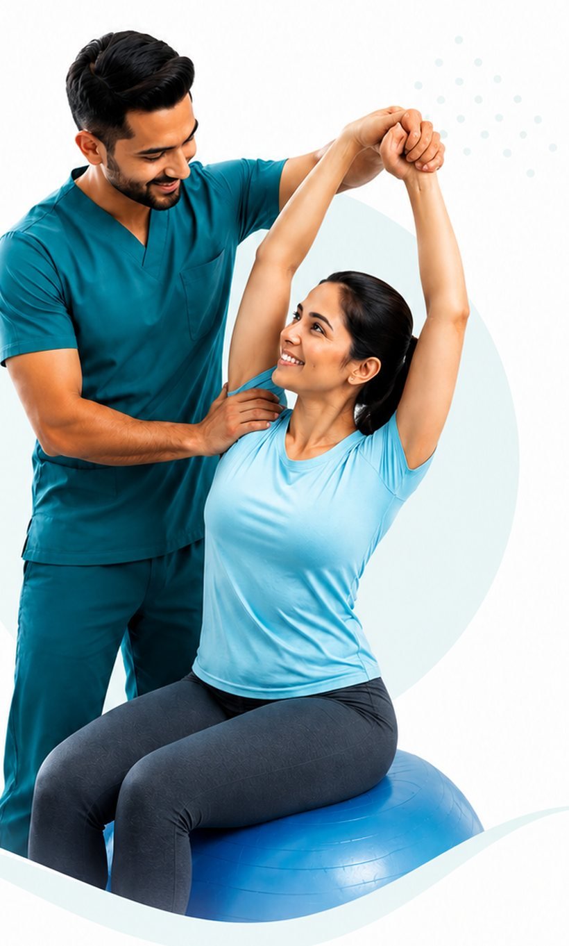 A physiotherapist guiding a patient through a seated shoulder stretch on an exercise ball during a home visit.